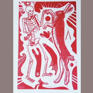 print of human skeleton dancing with hare, red background, pagan symbols art