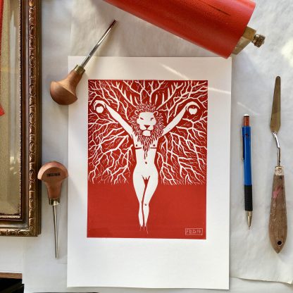 red lino print trans person chest surgery tree apples womb