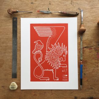 red lion raven original lino print art