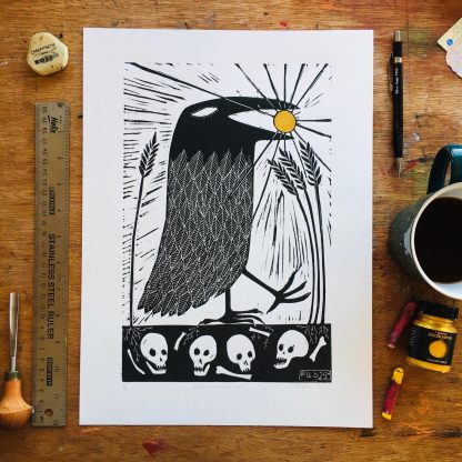 crow queer pagan art artist witch lino print linocut fine