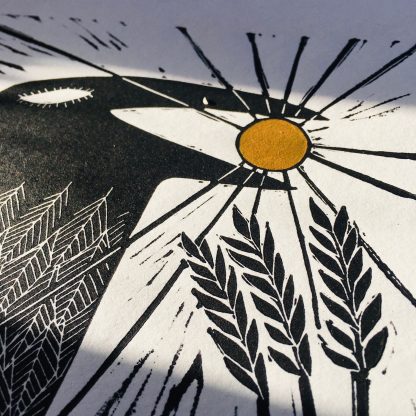 gold sun art crow linoprint uk