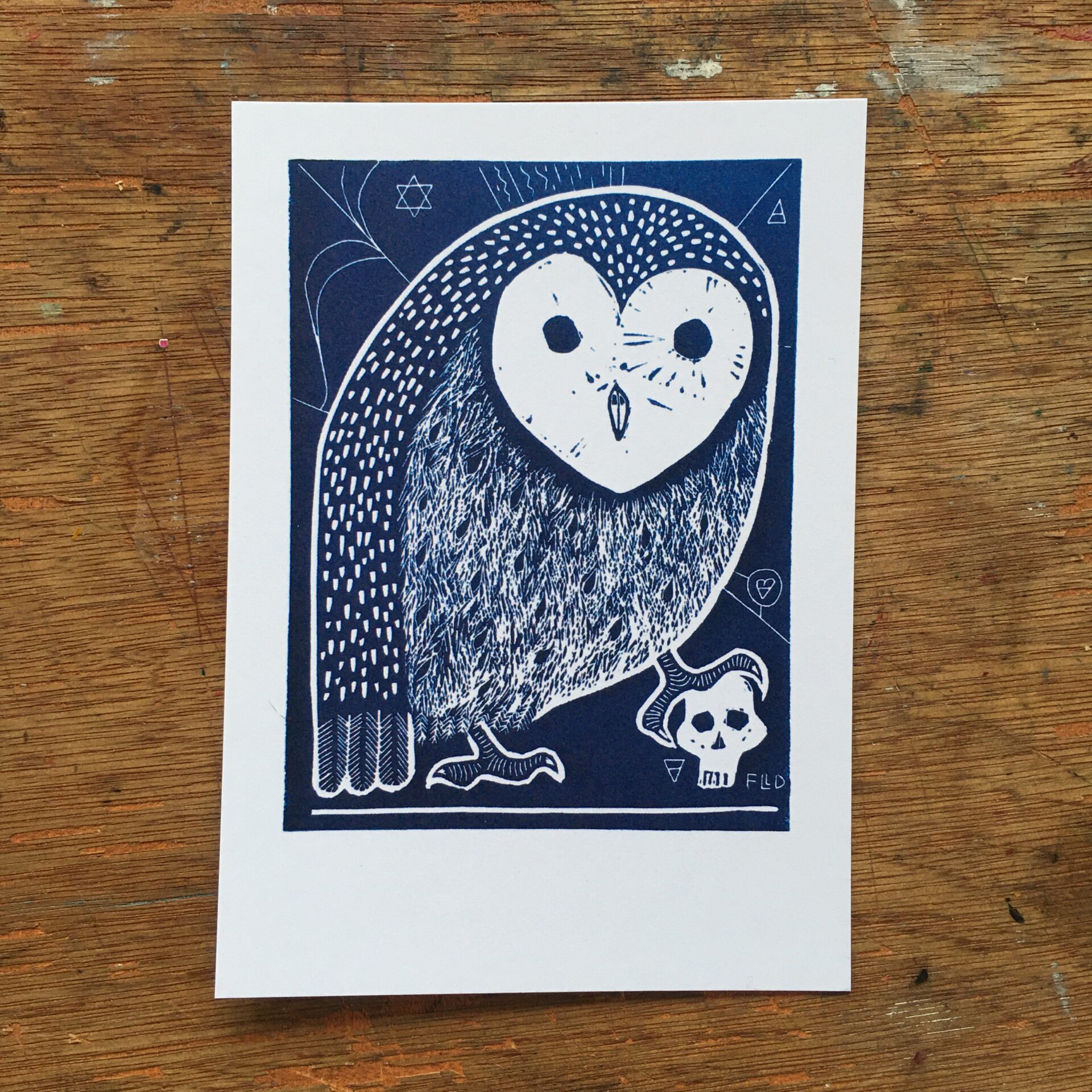 blue owl skull weird lino printmaker welsh art