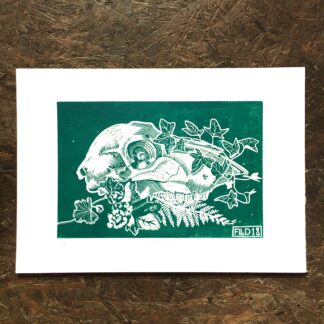 sheep skull foliage green linocut pagan witchy art