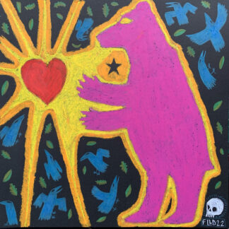 oil pastel painting pink magical witch bear on a black background reaching to a powerful heart surrounded by blue crows and green leaves original art