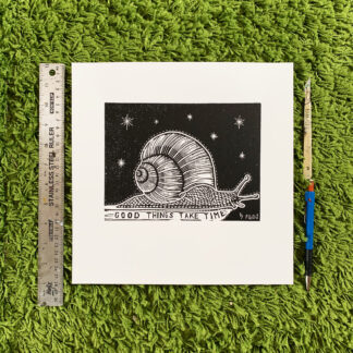 original art print lino snail saturn astrology