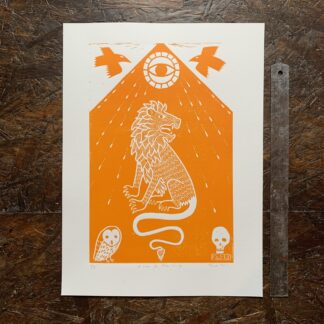 A lion for Alan Turing - orange linoprint original limited edition artwork for sale