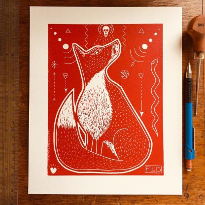 stylised red fox art lino print surrounded by pagan esoteric symbols