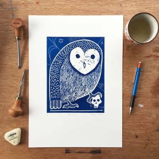 blue stylised owl with human skull and magical symbols pagan art print