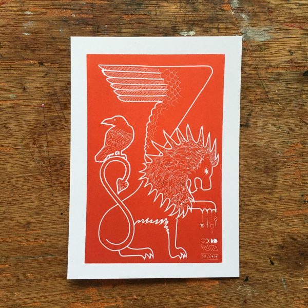 here we are winged lion crow raven linoprint witch pagan art