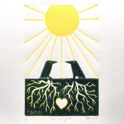 reduction linoprint two crows summer solstice sun wales art paganism