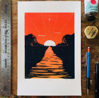 summer solstice dawn lino print welsh pagan artist printmaker orange