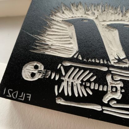 skeleton crow lino print art