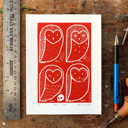four owls stylised lino cut print art red