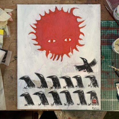 original mixed-media painting on canvas red sun black crows collage art