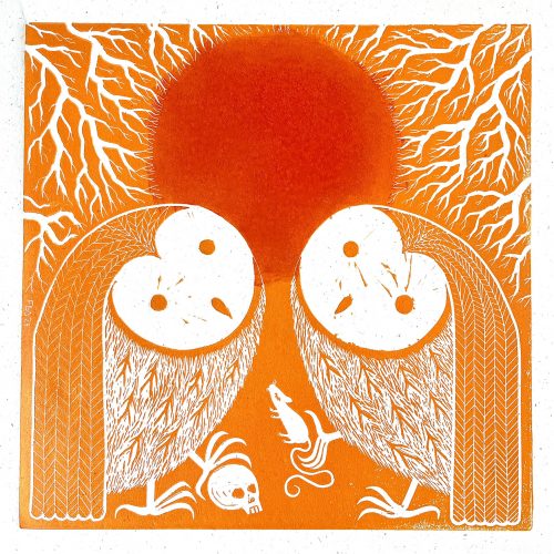 a limited edition fine art lino print of two stylised owls in orange
