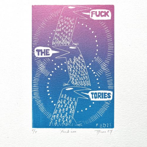 "Fuck the tories" crow linoprint