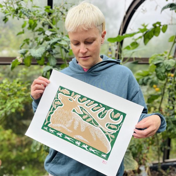 "The Knowledge of the Universe" large limited edition gold stag lino print - Image 6