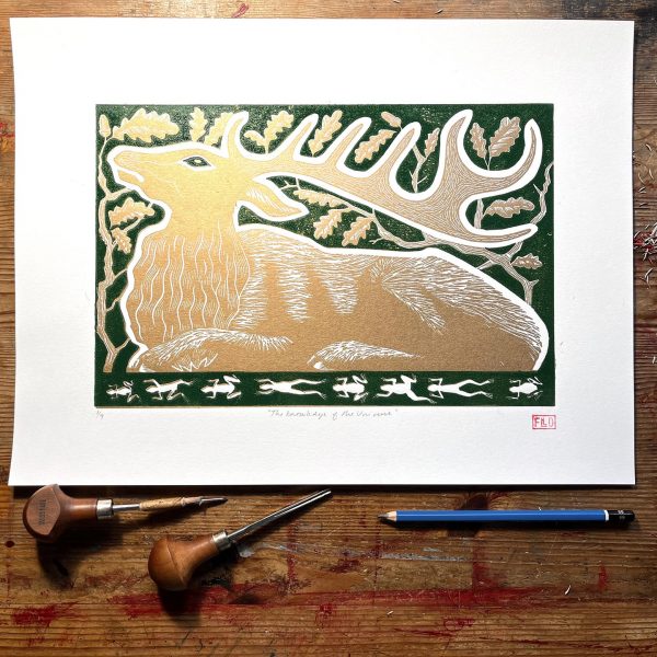 "The Knowledge of the Universe" large limited edition gold stag lino print - Image 5