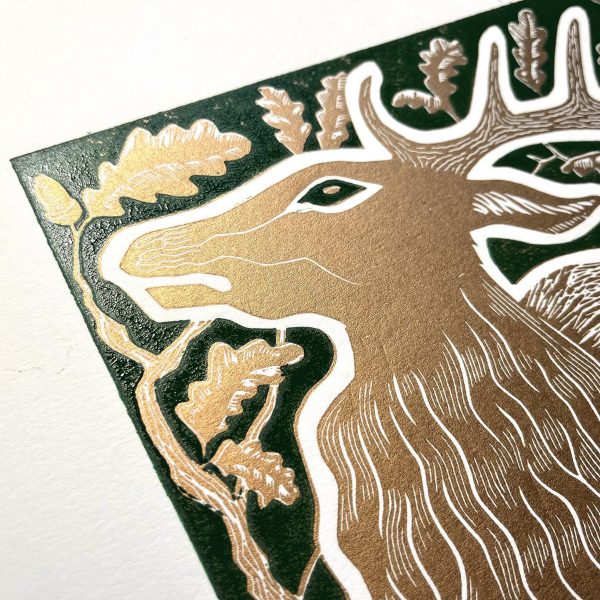"The Knowledge of the Universe" large limited edition gold stag lino print - Image 4
