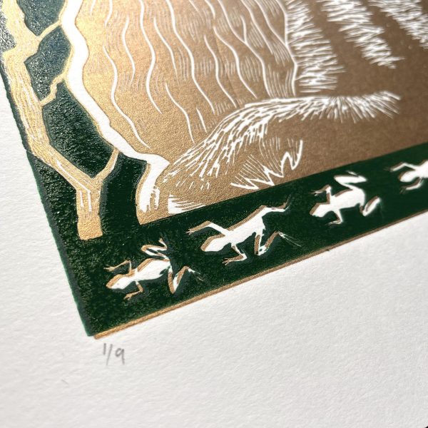 "The Knowledge of the Universe" large limited edition gold stag lino print - Image 3