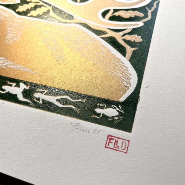 "The Knowledge of the Universe" large limited edition gold stag lino print - Image 2