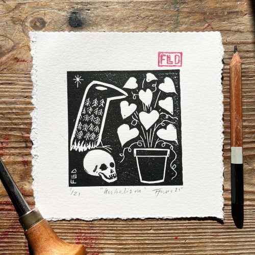 a fine art lino print of a crow sat on a skull regarding a houseplant